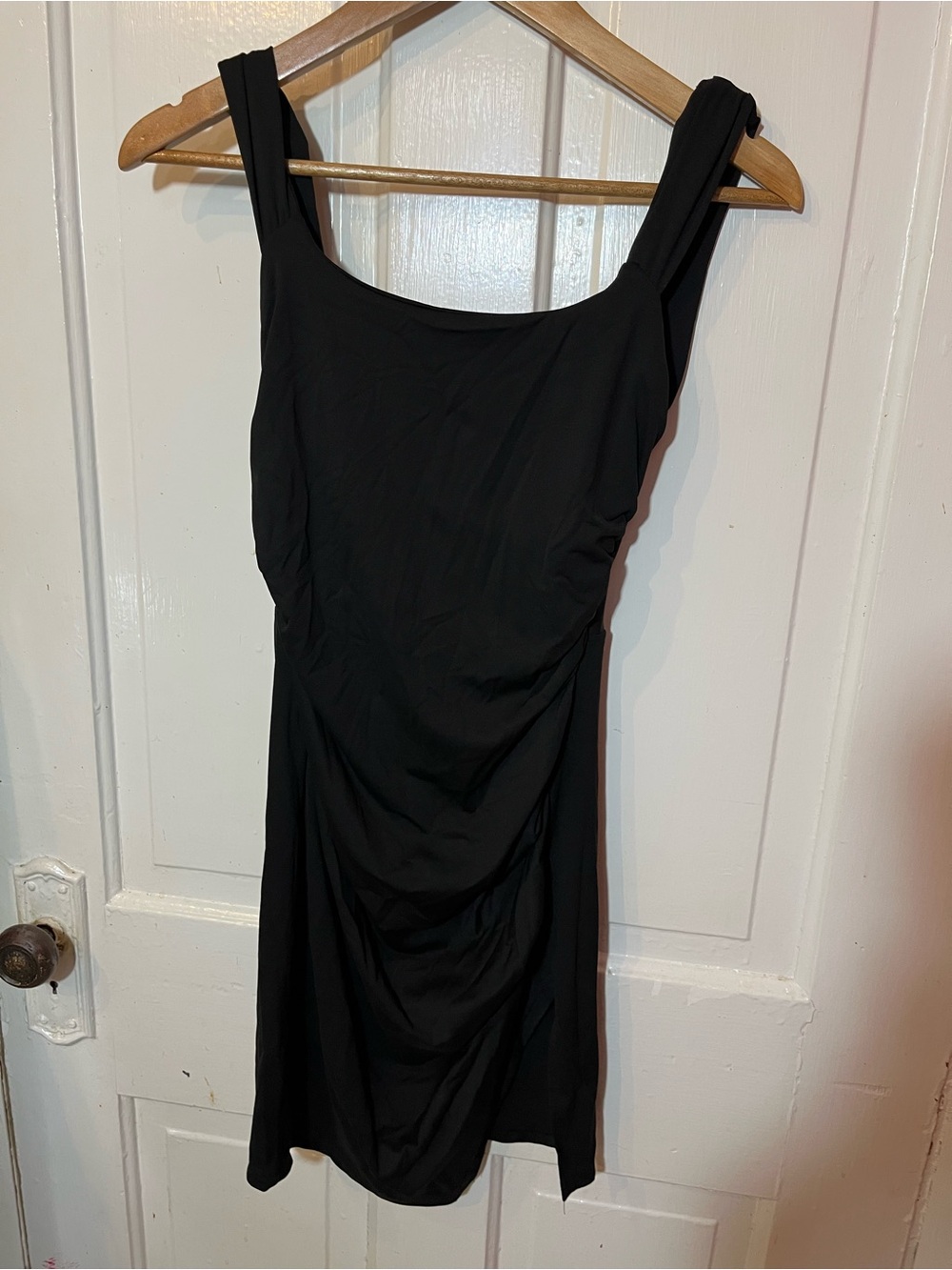 Women’s Small Black Mini Dress w Front Thigh Slit & Tie Back Details